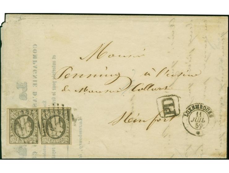 10 c. gray-black, horizontal pair with good to large margins, tied by circle of bars with adjacent &nbsp;"LUXEMBOURG 11 JUIL 