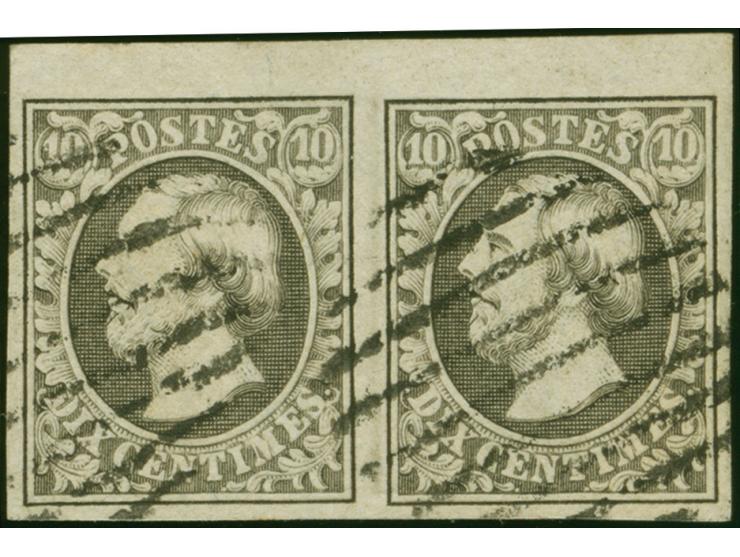 10 c. grey-black, horizontal pair, large margins with ca. 4 mm sheet margin at top, neatly cancelled by circle of bars. Very 