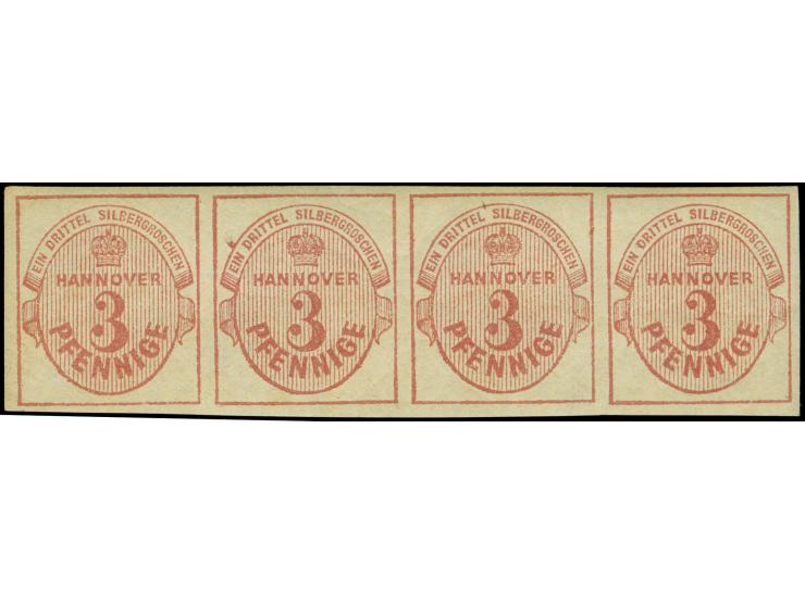 3 Pfg. dunkelrosa im waagerechten 4er-Streifen, farbfrisch und allseits breitrandig, linke Marke kleine Falzspur, sonst postf