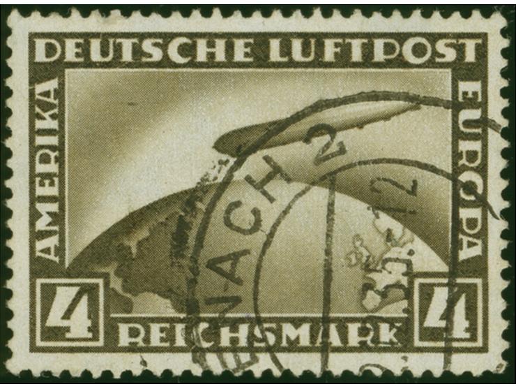 1928, Zeppelin 4 Mark mit stehendem Wasserzeichen (2X), sauber gestempelt “(EIS)ENACH 2 …2.12.35”, Marke oben mit kleiner Zah