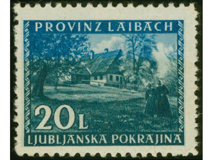 1945, Bauernhof 20 L., zweifarbig “dunkelblau/schwärzlichgrünlichblau”, entstanden durch mangelhafte Reinigung der Druckmasch