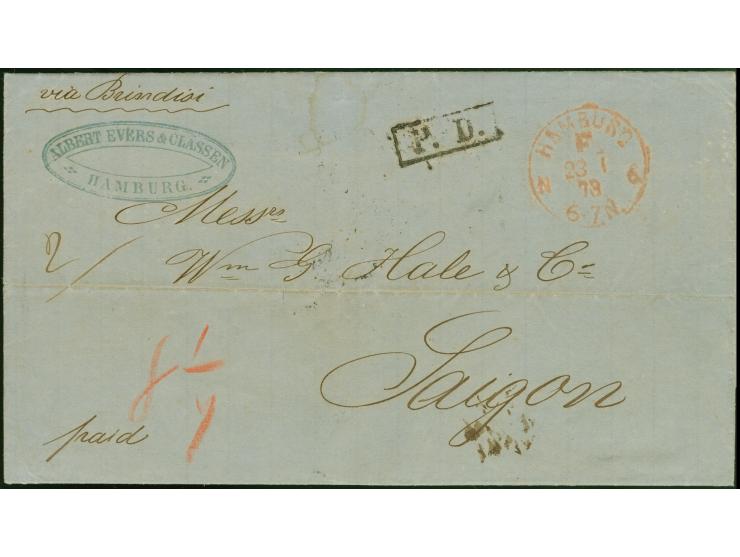 1873, kompletter Faltbrief mit Franco-Stempel “HAMBURG F. N6 23.1.73” mit Leitvermerk “via Brindisi” und Röteltaxe “8¼” (Gros