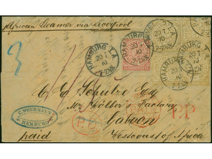 1869, ¼ Groschen lila (etwas verfärbt) und 5 Groschen ocker, waagerechtes Paar und 2 Einzelwerte, mit Einkreisstempel "HAMBUR
