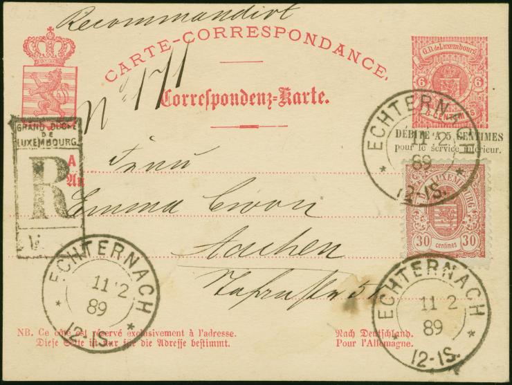 1878, surcharge 5 c. on card 6 c. with "Nach Deutschland" over "Pour l'Allemagne", with additional franking 1880/84, 30 c. li