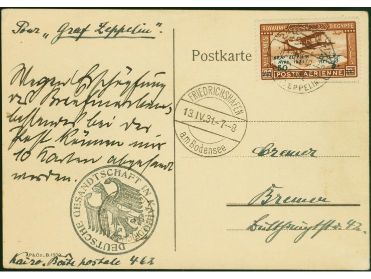 1931, Landungsfahrt nach Ägypten, ägyptische Post mit Sonderstempel “CAIRO”, Karte mit Sondermarke 50 auf 27 M. und viel Text