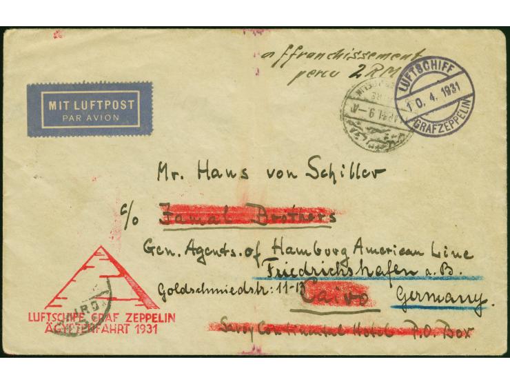 1931, Landungsfahrt nach Ägypten, Vordruckbrief “Luftschiff Graf Zeppelin” mit Barfrankatur 2 RM und Bordpoststempel vom 10.4