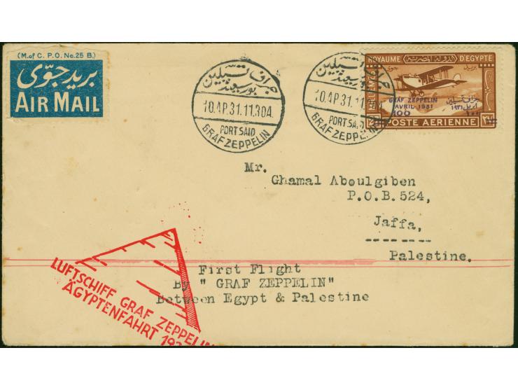 1931, Landungsfahrt nach Ägypten, ägyptische Post, Palästina-Rundfahrt mit Sonderstempel “PORT SAID” und deutschen Bestätigun