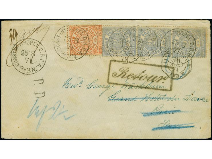 NDP ½ &nbsp;Gr. orange und senkrechter Dreierstreifen 2 Gr. hellgraublau je mit klarem EKr. “CONSTANTINOPEL D.R.P.A. 25.3.71”