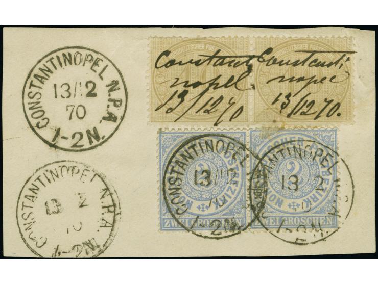 Innendienstmarke 10 Gr. grau im waagerechten Paar je mit handschriftlicher Entwertung “Constantinopel 13/12 70” und waagerech