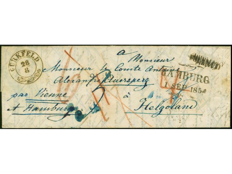 1854, schmaler Faltbrief ab “GURKFELD 28/8” mit Leitvermerk “par Vienne…", über Hamburg mit Schmetterlingsstempel “HAMBURG 1 