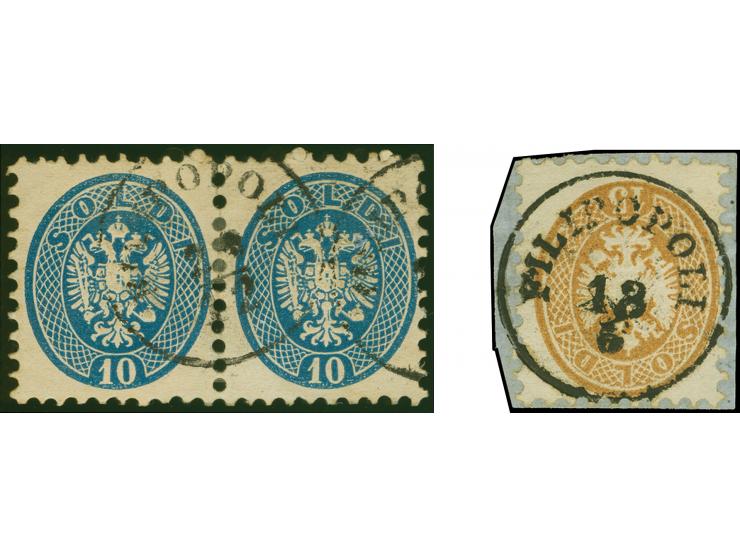 1864, 10 so. blue, horizontal pair, and 15 so. dark brown, issues of Lombardy Venetia, both struck with choice “Filipopoli” c