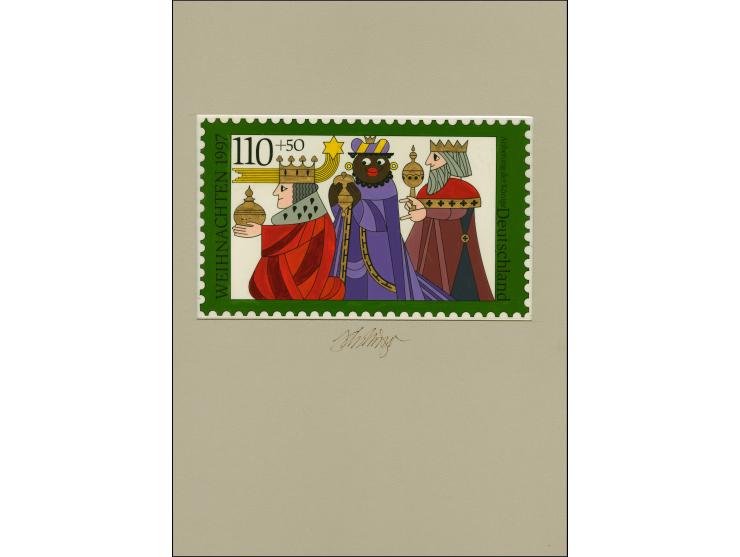 1997, Weihnachten 100 und 110 Pfg., zwei nicht angenommene Konkurrenzentwürfe (26x16,5) mit gleicher Inschrift und Wertangabe
