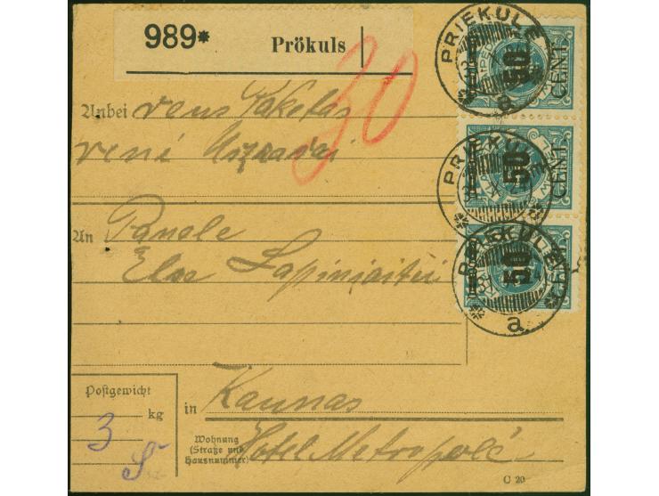 1923, 50C. auf 1000M. im waagerechten Dreierstreifen, sauber mit Stempel “PRIEKULE 31.X.24” auf Paketkarte, mit deutschem R-Z