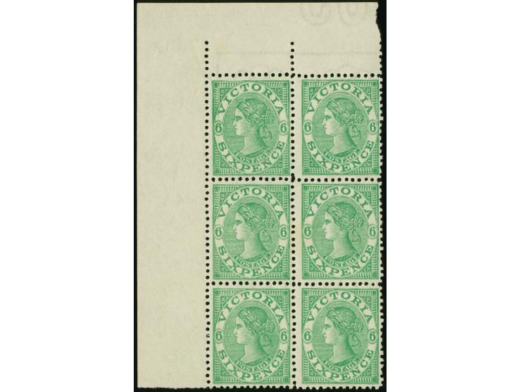 1905-13, 6 d. dull green, perf. 12 x 12½, wmk. Crown over A, unused top left corner margin block of six, mint never hinged og