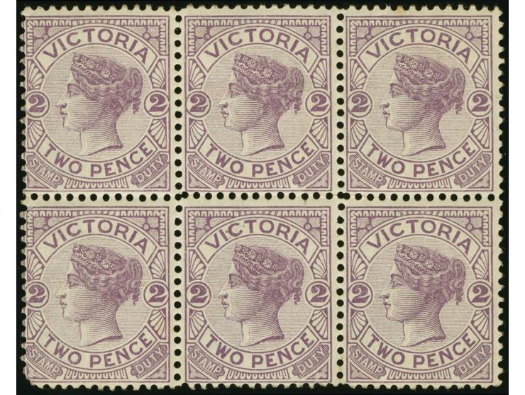 1886/99, 2 d. violet, wmk. V over Crown, perf. 12½, an unused block of six, strong colour, short perf on bottom left corner, 