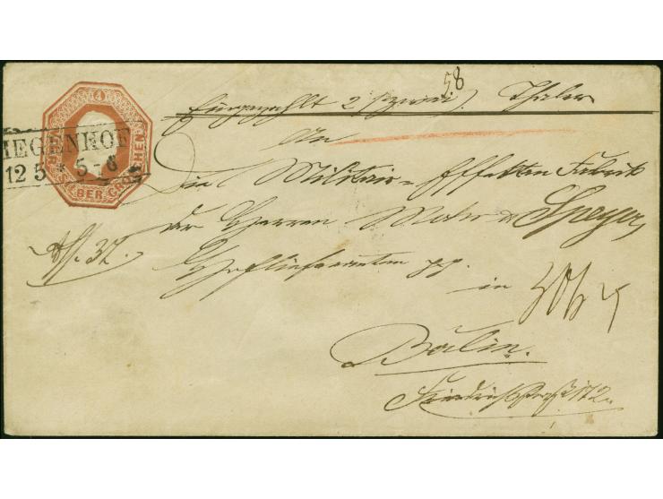 1852, Oktogon-Umschlag 4 Silbergroschen mit Rahmenstempel “TIEGENOF 12.5.” und handschriftlichem Vermerk “Eingezahlt 2 (zwei)