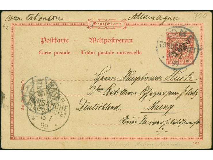 "STATION MISAHÖHE TOGOGEBIET 15 7 99" nebengesetzt auf Ganzsachenkarte 10 Pfg., mit Stempel "LOME 15/7 99" und rückseitigem L