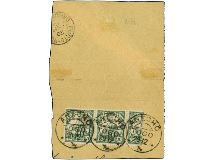 1915, 10 (C) auf 5 Pfg. senkrecht halbiert, im waagerechten Dreierstreifen mit zwei Normalmarken, sauber mit Stempel “ANECHO 