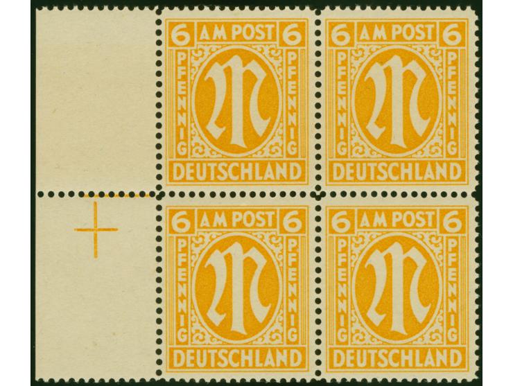 1945, AM Post 6 Pf im Viererblock vom linken Seitenrand mit Passerkreuz in Zähnung G, Fotoattest Hettler BPP einwandfrei
