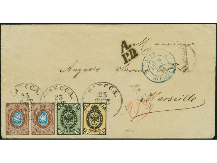 1 k. black/yellow, 3 k. black/green and 10 k. brown/blue horizontal pair, fresh colours, tied by cds “ODESSA 23 OCT. 1872” to