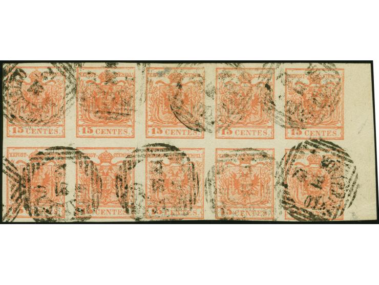 1850, Maschinenpaper 15 C. rot, waagerechter Zehnerblock, farbfrisch, unten rechts voll- sonst meist breitrandig geschnitten 