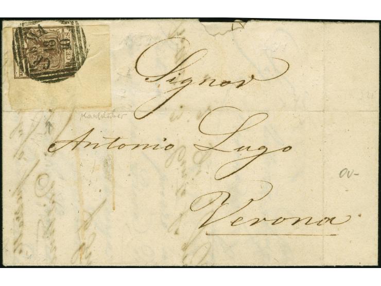 30 C. braun, farbfrisch aus der linken unteren Bogenecke, rechts vollrandig, sauber mit Stempel “CREMA 18/10” auf kleinem Fal