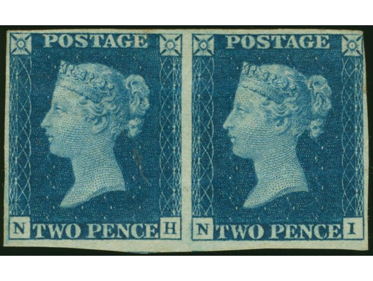 1840, 2d. blue, plate 2, horizontal pair, NH-NI, unused with part original gum, close but not touched at upper right corner, 