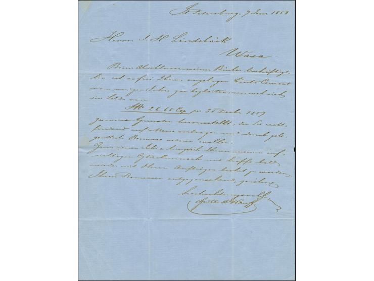 THE EARLIEST RECORDED USE OF A PERFORATED STAMP IN RUSSIA: 1858, 10 kopeck brown and blue, tied by pen cross to entire letter