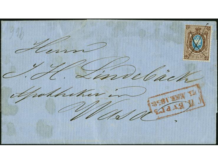 THE EARLIEST RECORDED USE OF A PERFORATED STAMP IN RUSSIA: 1858, 10 kopeck brown and blue, tied by pen cross to entire letter