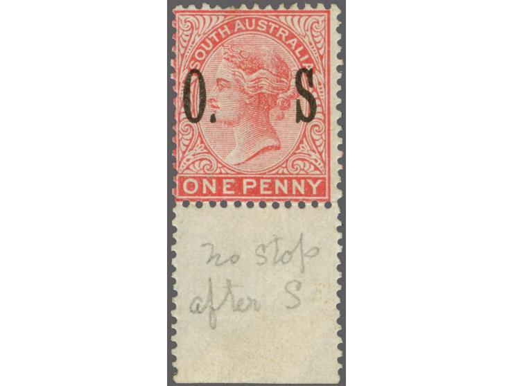 1899, 1 d. rosine, wmk. Crown SA, perf. 13, overprint variety no stop after "S", mint hinged, few short perfs, fresh and fine