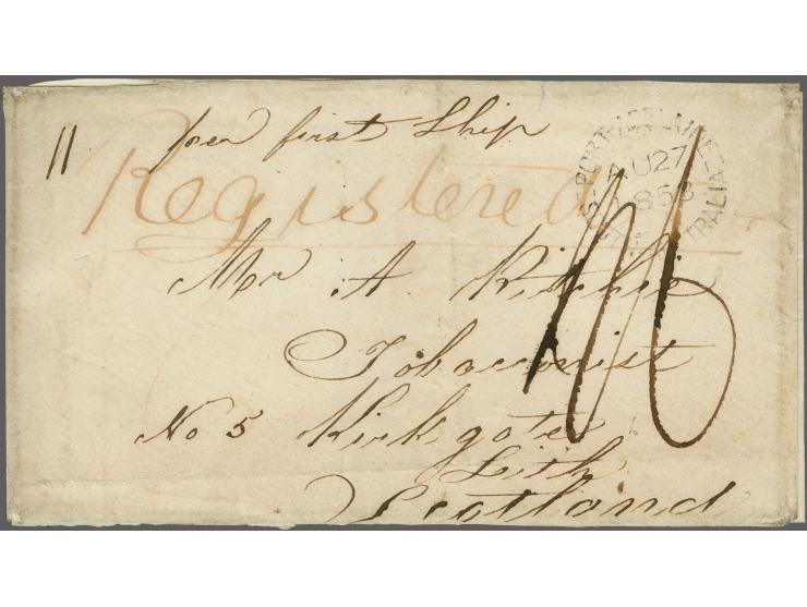 1853, PORT ADELAIDE SOUTH AUSTRALIA AU/27/1853 c.d.s. on envelope with 1/- rate and 6 d. registration ms. “per first ship” to