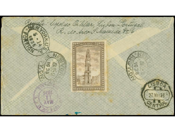 Portugal: 1936, 1. Nordamerikafahrt mit Auflieferung Frankfurt “c”, R-Brief von “LISBÒA POSTA AEREA PORTUGAL 2. MAI. 36” mit 