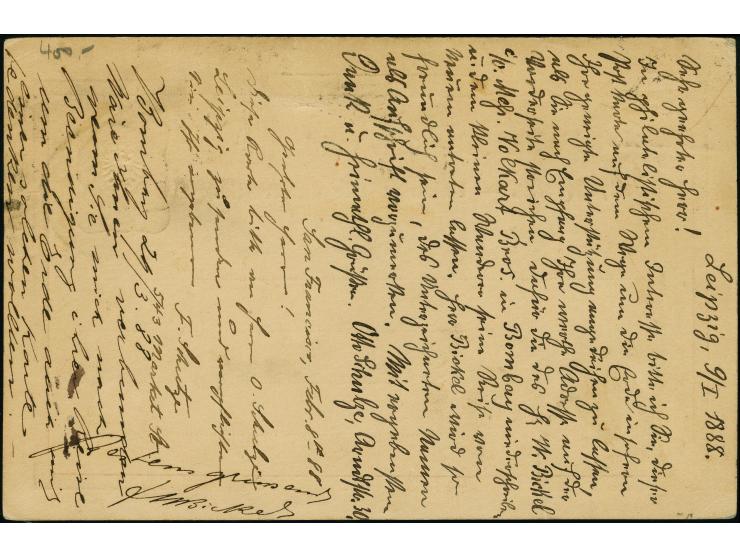 1888, Karte 10 Pfennig von Leipzig &nbsp;am 9.1.1888 nach San Francisco, von dort mit neuer Mitteilung und US-Frankatur am 8.
