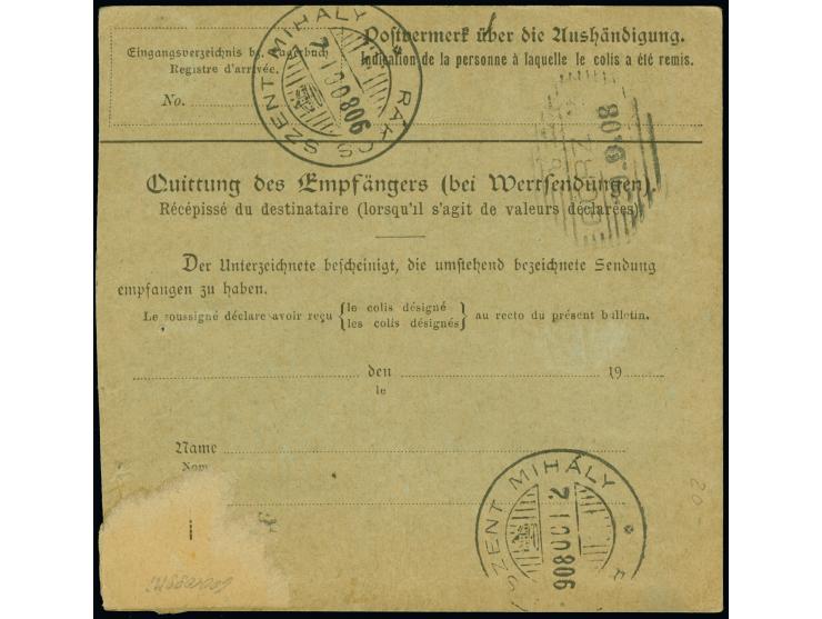 1905, 1 Dollar auf 2 Mark ohne Wasserzeichen und zwei Einzelmarken 20 Cents auf 40 Pfennig ohne Wasserzeichen je mit Stempel 