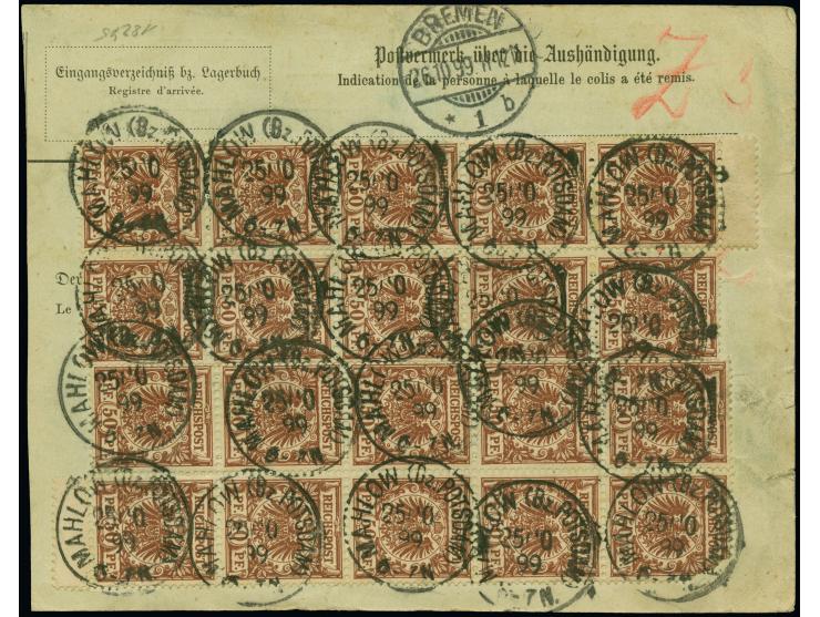 Incoming Mail: 1899, Krone/Adler 50 Pfennig lebhaftrötlichbraun im senkrechten Paar und zwei senkrechte 10er-Blocks sowie zwe
