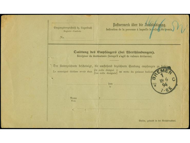 Incoming Mail: 1890, Deutsches Reich 2 Mark dunkelrot in Mischfrankatur mit Krone/Adler 20 Pfennig violettultramarin und senk
