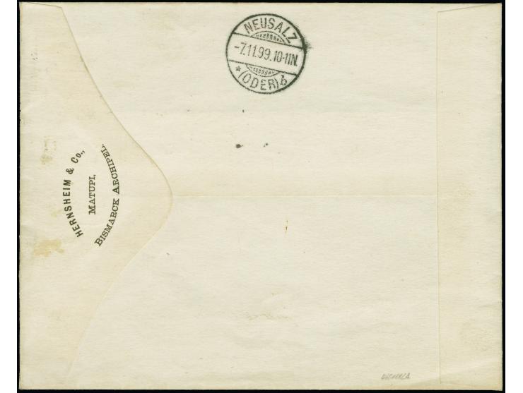 1897, 10 Pfennig lebhaftlilarot im senkrechten Dreierstreifen je mit Stempel “MATUPI 24.9.99” als tarifgerechte Mehrfachfrank