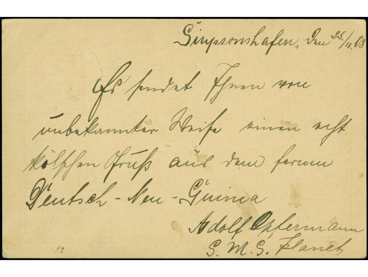 Schiffspost: “DSP NEU-GUINEA-ZWEIGLINIE *c 27.11.08” (Dampfer Prinz Waldemar) recht klar auf Ganzsachenkarte Kaiseryacht 10 P