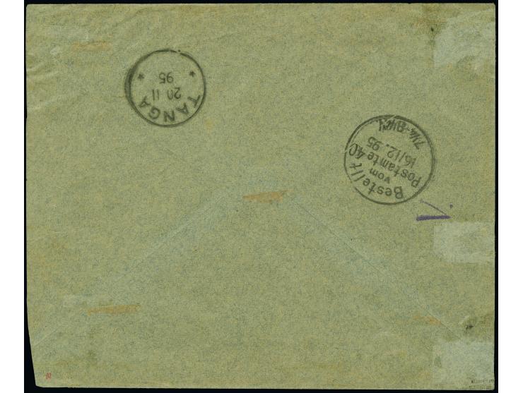 1893/96, 10 Pesa auf 20 Pfennig, zwei Einzelwerte jeweils mit klarem Stempel “MASINDE 16.11.95” als tarifgerechte Mehrfachfra