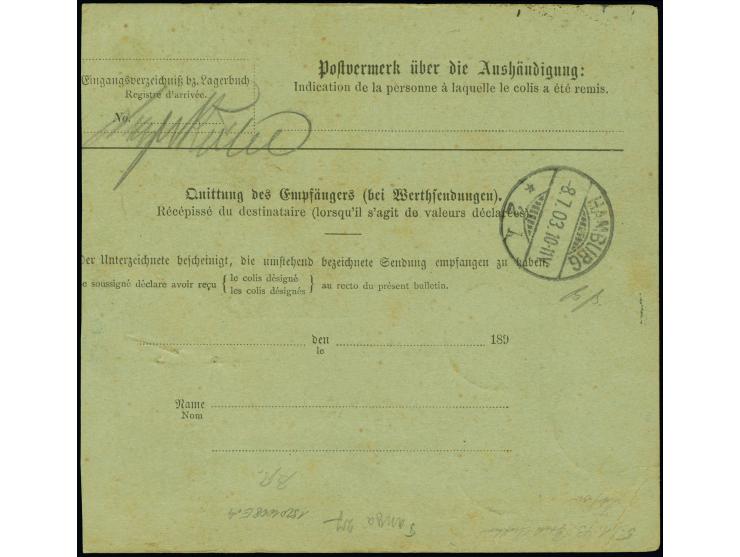 1901, Kaiseryacht 40 Pesa im senkrechten Paar und Einzelwert je mit Stempel “TANGA 29.5.03” auf Paketkarten-Stammteil via Ham