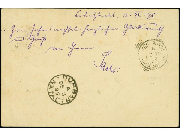 “LÜDERITZBUCHT ***” sehr klar in Violett mit handschriftlichem Datum “14/II.95” auf Ganzachenkarte Krone/Adler 10 Pfennig mit