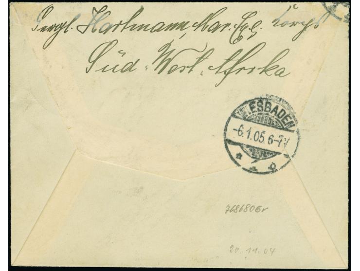 “Waterberg” violetter L1 und Wanderstempel vom 20.11.04" auf Kaiseryacht 20 Pfennig ohne Wasserzeichen als tarifgerechte Einz