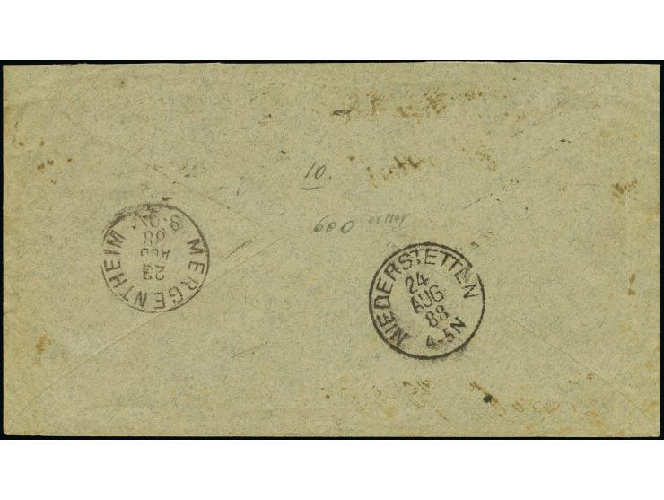 1887, 20 Pfennig dunkelultrmarin im waagerechten Paar je mit Stempel “KAMERUN 12.7.88” als tarifgerechte Mehrfachfrankatur au