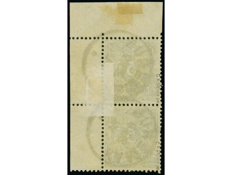 1890, Krone/Adler 5 Pfennig opalgrün im senkrechten Paar aus der rechten oberen Bogenecke je mit sehr klarem Stempel “KAMERUN