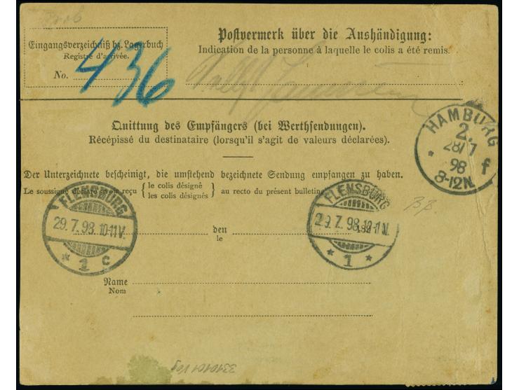 1890, Krone/Adler 50 Pfennig lebhaftrötlichbraun, drei Einzelwerte in Mischfrankatur mit Ausgabe 1897/99 10 Pfennig je mit St