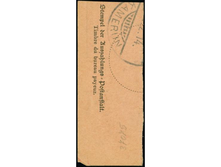 “MORA (KAMERUN) 12.12.13” zweimal klar auf senkrechtem Paar Kaiseryacht 10 Pfennig mit Wasserzeichen auf Postanweisungs-Brief