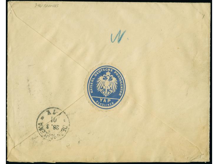 Besonserheiten: 1901, R-Postsachen-Umschlag von “YAP KAROLINEN 7.2.01” mit R-Zettel “Yap (Karolinen)” (Einfeldt Nr. 1) und rü