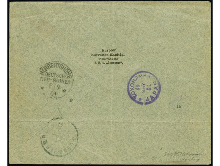1900, Steilaufdruck 20 Pfennig im waagerechten Viererstreifen je mit Stempel “SAIPAN MARIANEN 8.4.01” auf vorbereitetem R-Bri