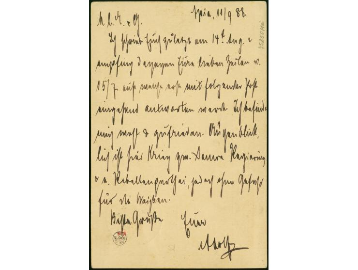 1888, Ganzsachenkarte 10 Pfennig mit klarem Stempel “APIA KDPAg 11.9.88” (ohne Sterne) und viel Text nach Rendsburg ohne Anku