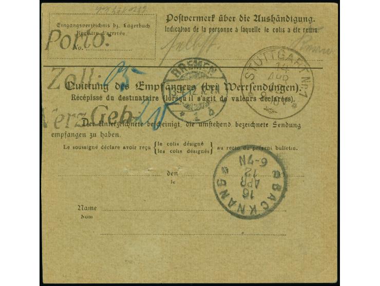 1900/01, Kaiseryacht 1 Mark, 40 Pfennig und 20 Pfennig je mit Stempel “APIA (SAMOA) 11.1.12” auf Paketkarten-Stammteil für ei